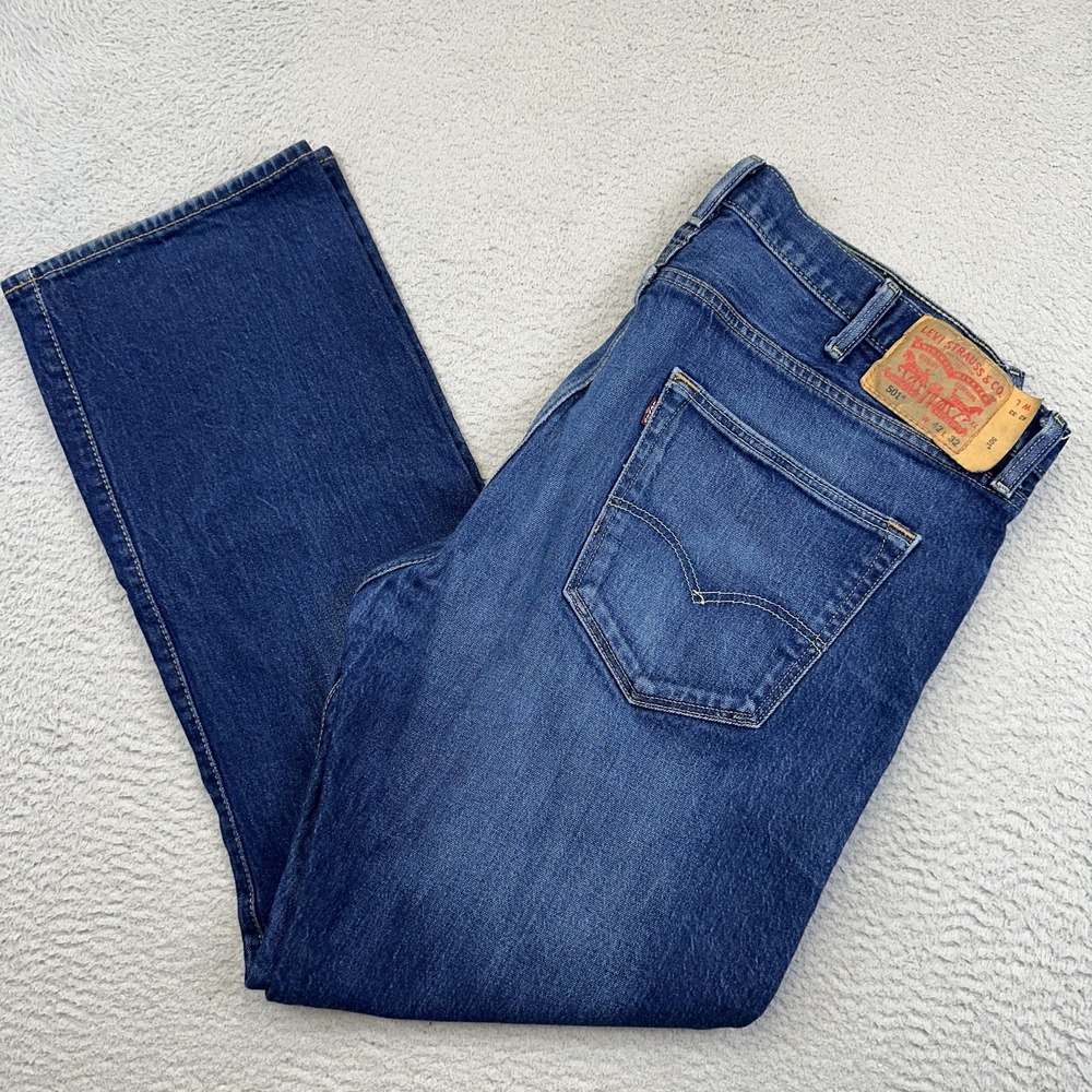 Levis 501 Jeans Mens 42x32 Blue Button Fly Stretch Straight Denim Pants 501-1985